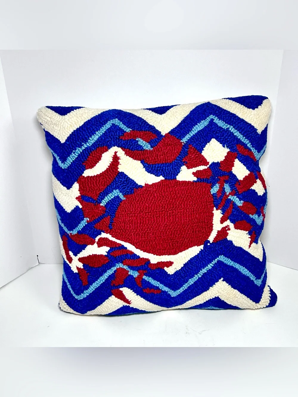 Handmade Tufted Crab Throw Pillow  16”X16” Nautical Coastal